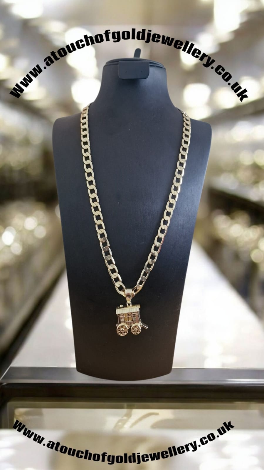 24" Gold Plated Curb Chain Necklace with Gypsy Wagon Pendant – Choose Your Width