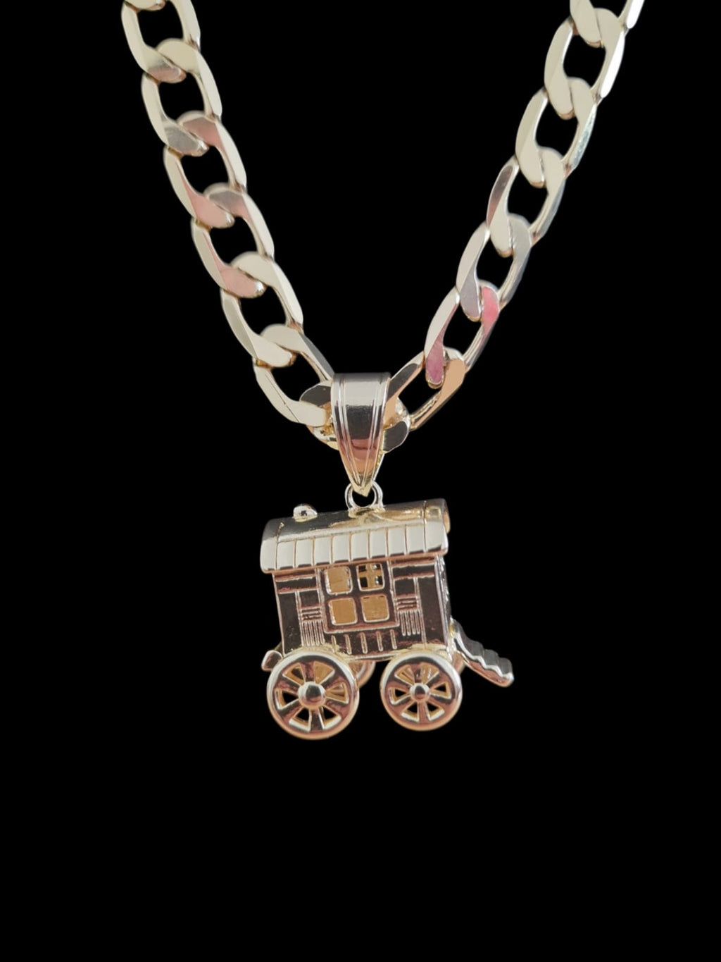 24" Gold Plated Curb Chain Necklace with Gypsy Wagon Pendant – Choose Your Width