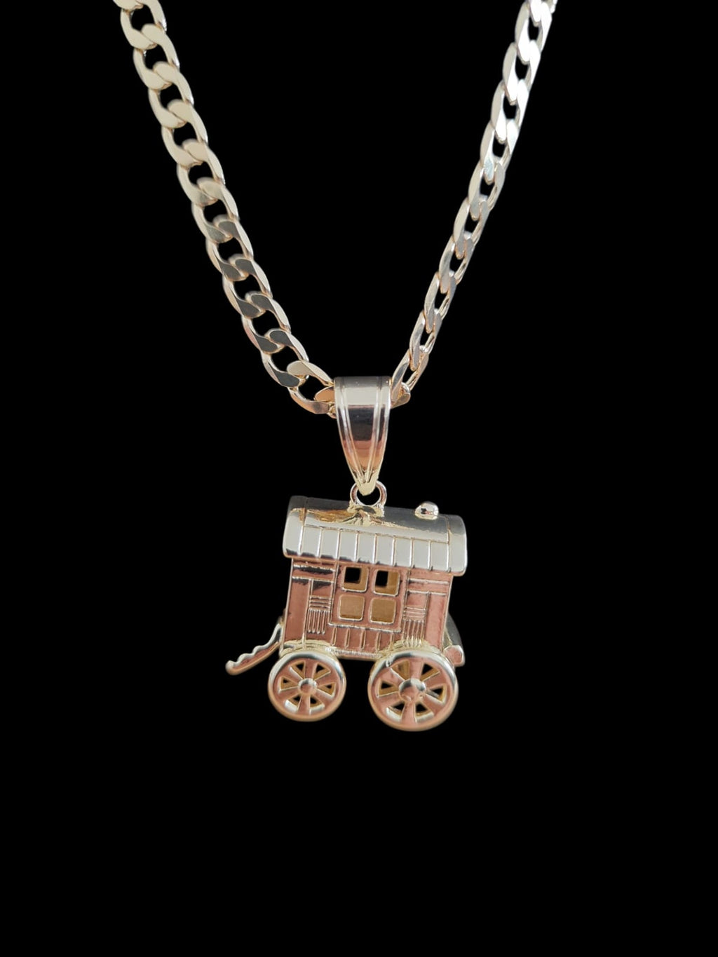 24" Gold Plated Curb Chain Necklace with Gypsy Wagon Pendant – Choose Your Width