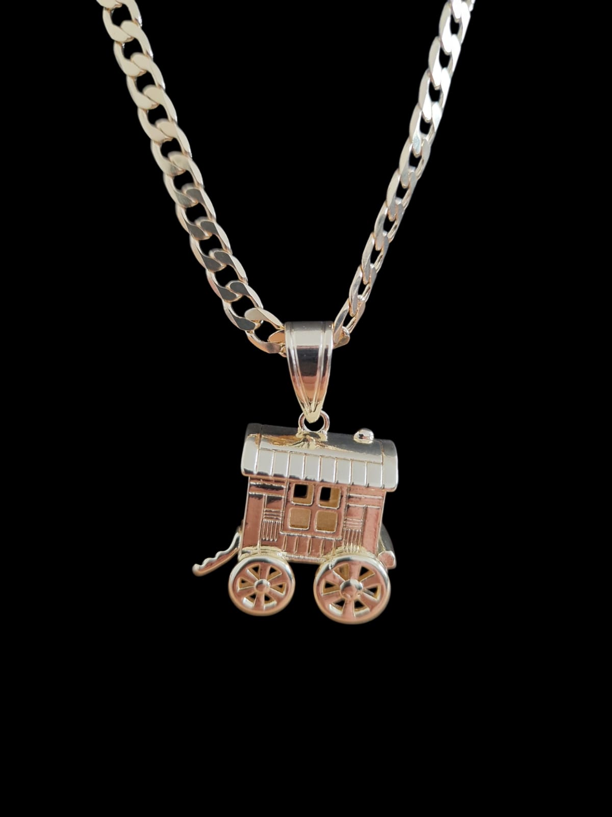 24" Gold Plated Curb Chain Necklace with Gypsy Wagon Pendant – Choose Your Width
