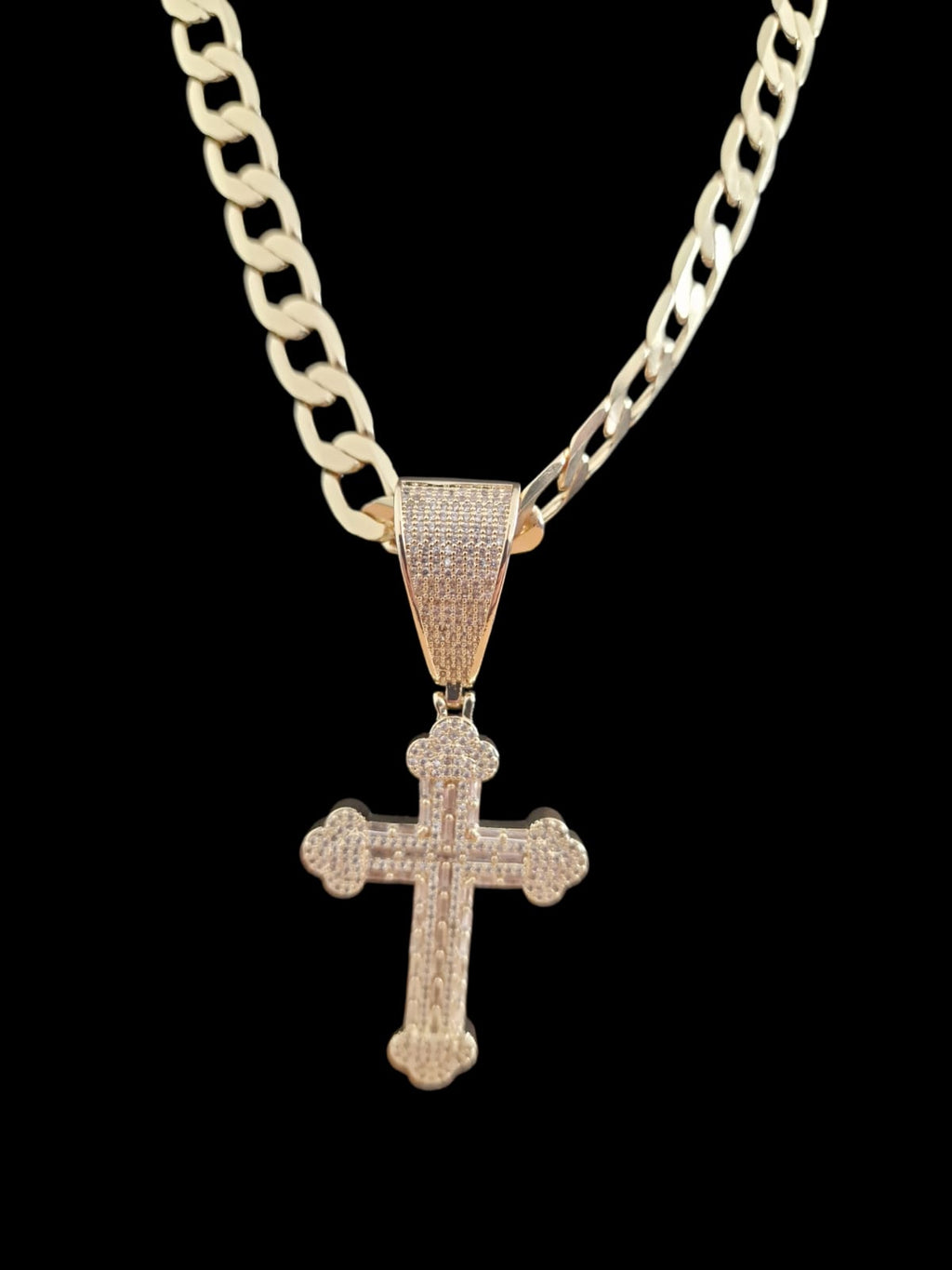 Gold Plated Iced Out Cross Pendant & Curb Chain Necklace