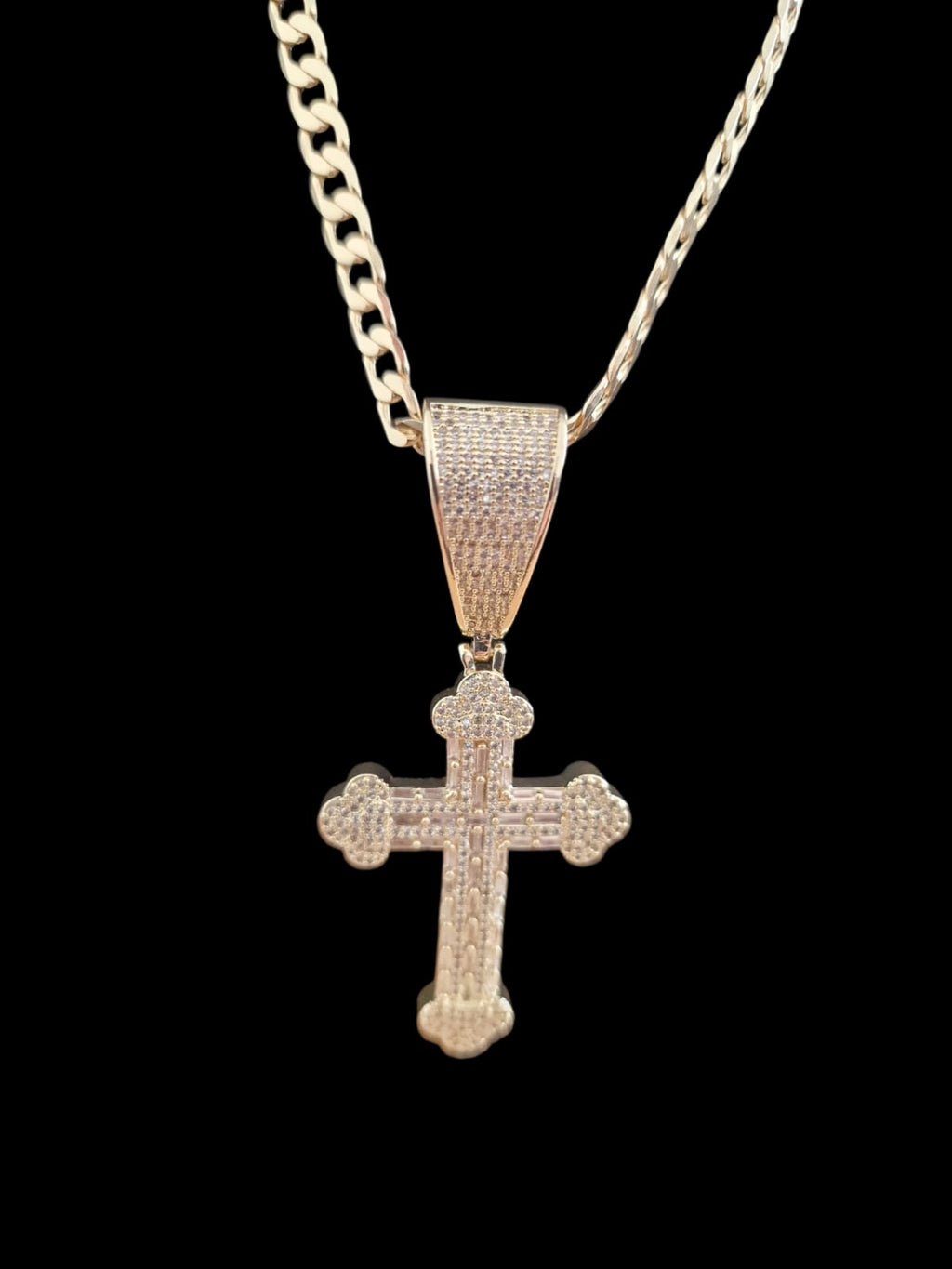 Gold Plated Iced Out Cross Pendant & Curb Chain Necklace