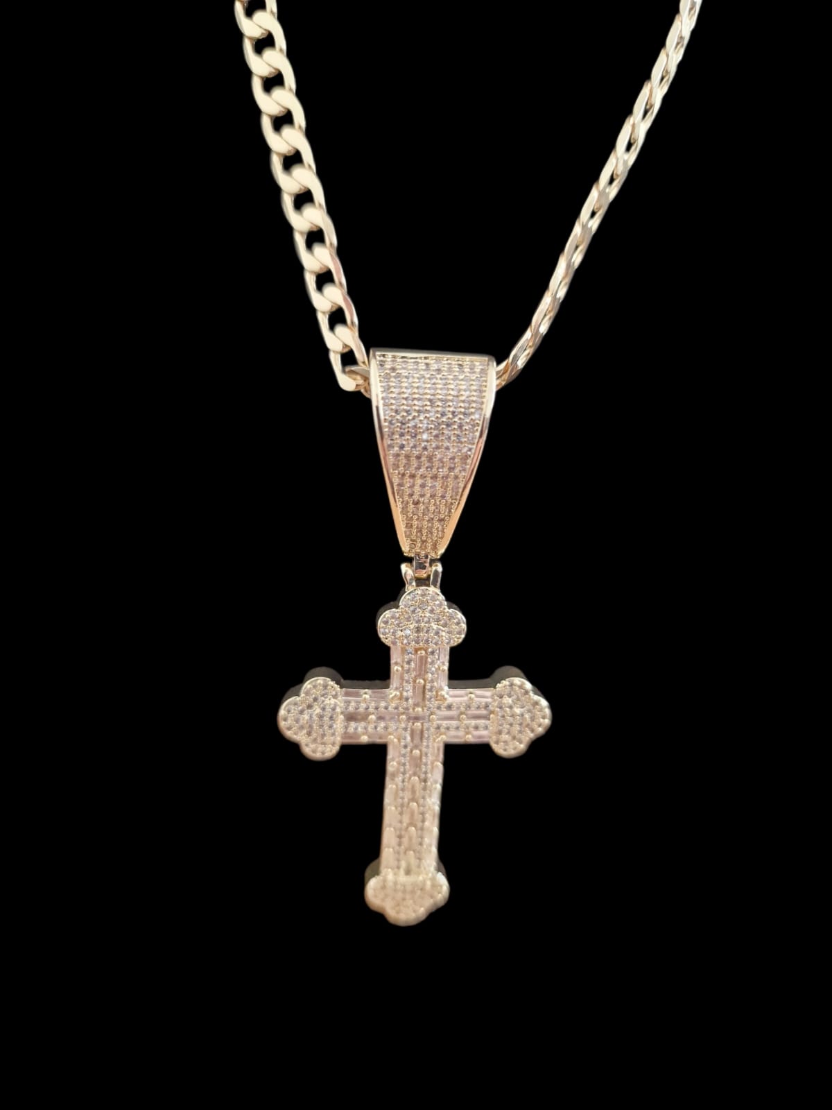 Gold Plated Iced Out Cross Pendant & Curb Chain Necklace