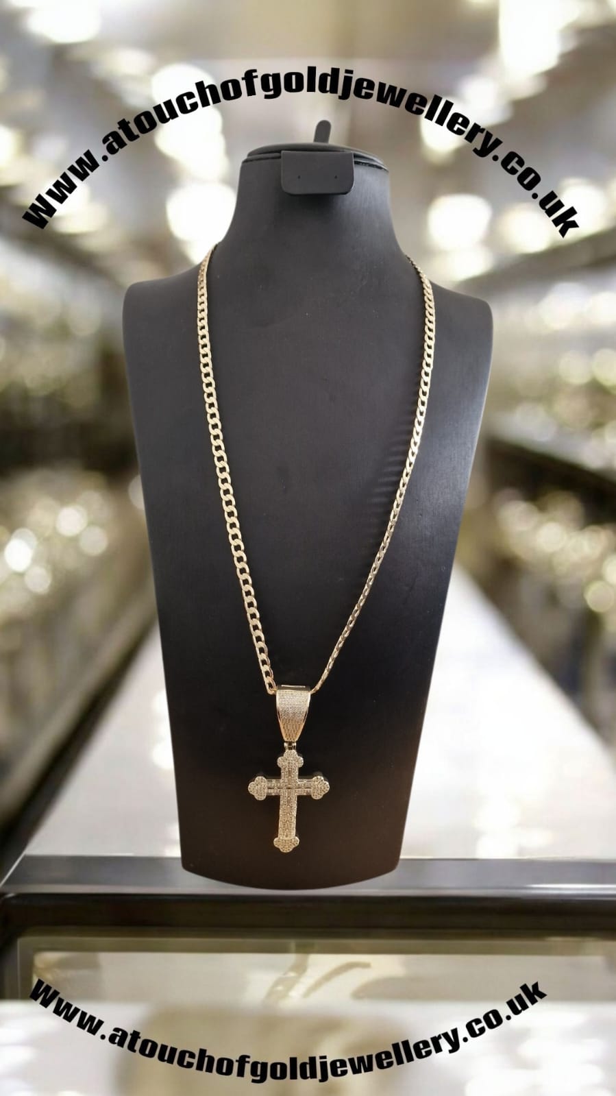Gold Plated Iced Out Cross Pendant & Curb Chain Necklace