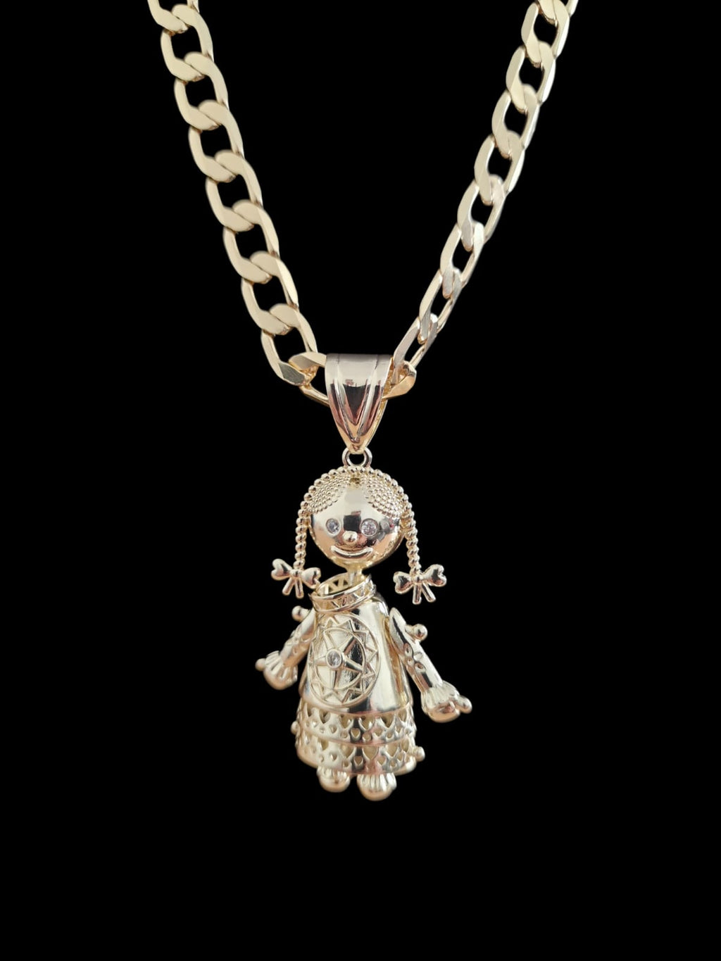 Gold Plated Rag Doll Pendant & Curb Chain Necklace