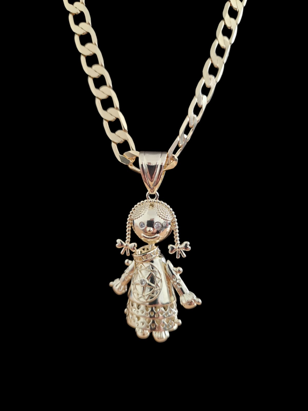 Gold Plated Rag Doll Pendant & Curb Chain Necklace