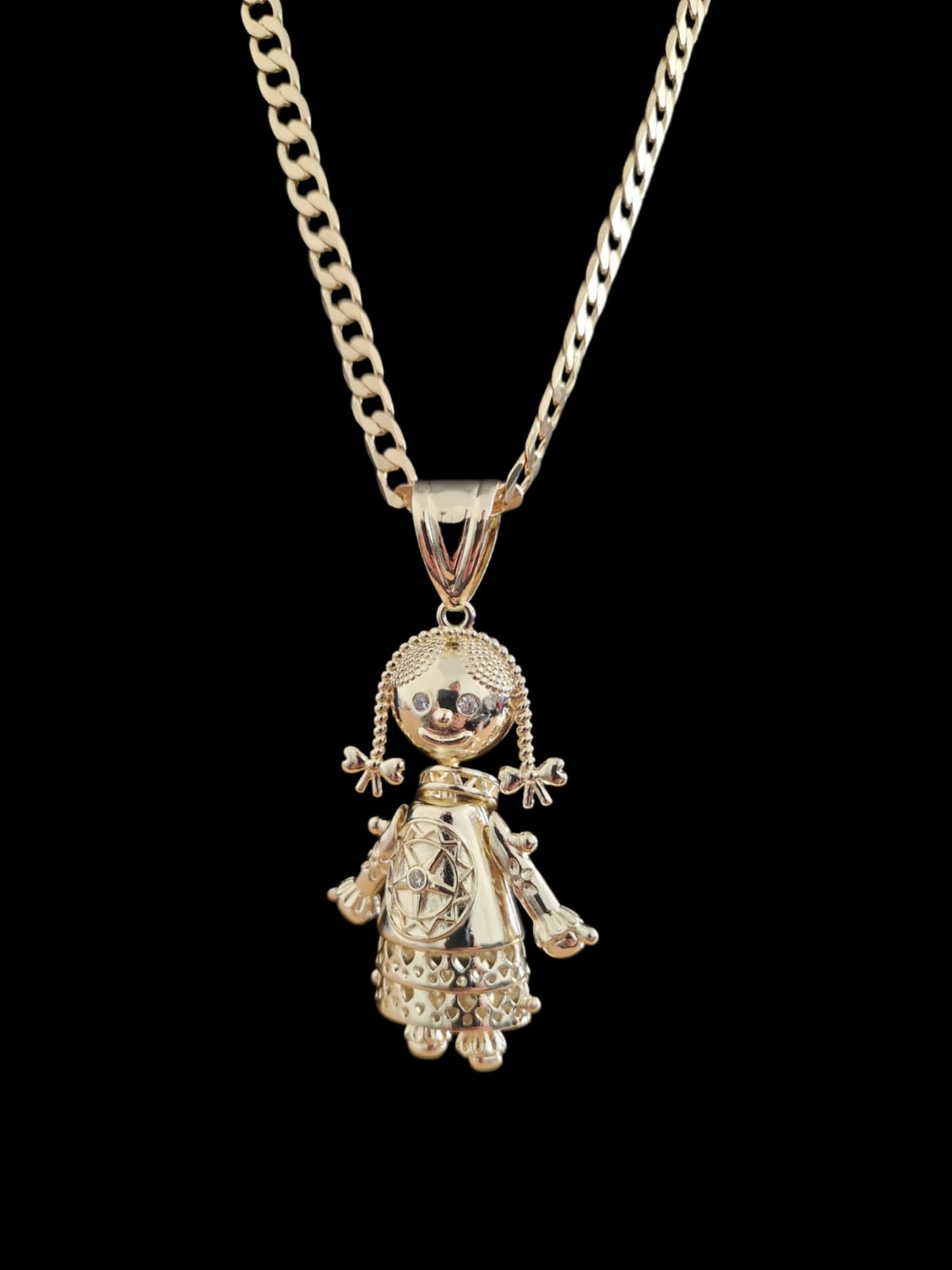 Gold Plated Rag Doll Pendant & Curb Chain Necklace