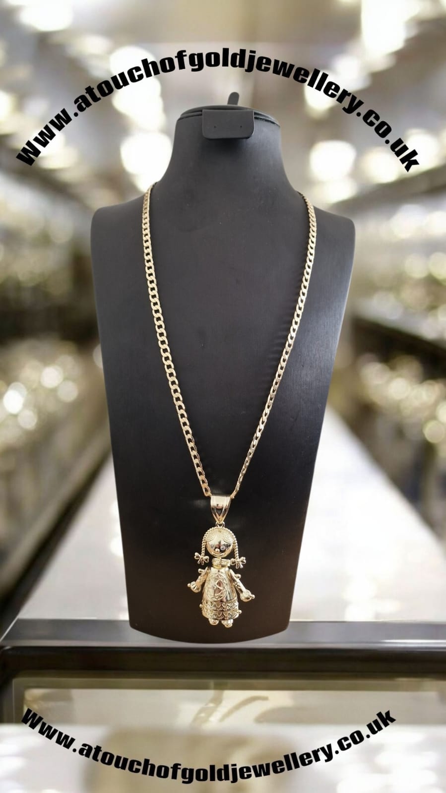 Gold Plated Rag Doll Pendant & Curb Chain Necklace