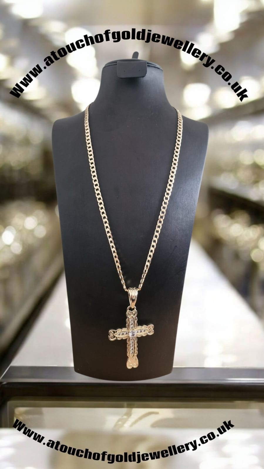 Gold Plated Scallop Style Cross Pendant & Curb Chain Necklace
