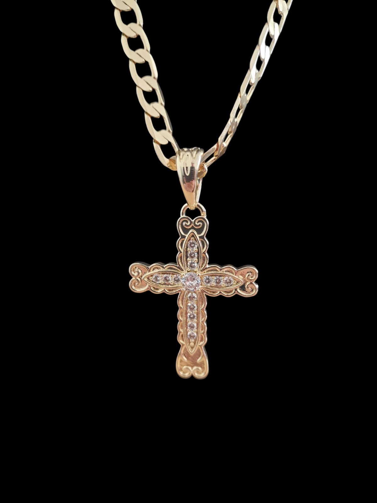Gold Plated Scallop Style Cross Pendant & Curb Chain Necklace