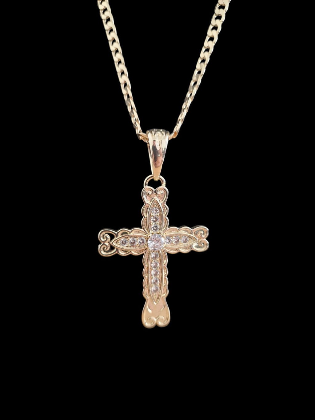 Gold Plated Scallop Style Cross Pendant & Curb Chain Necklace