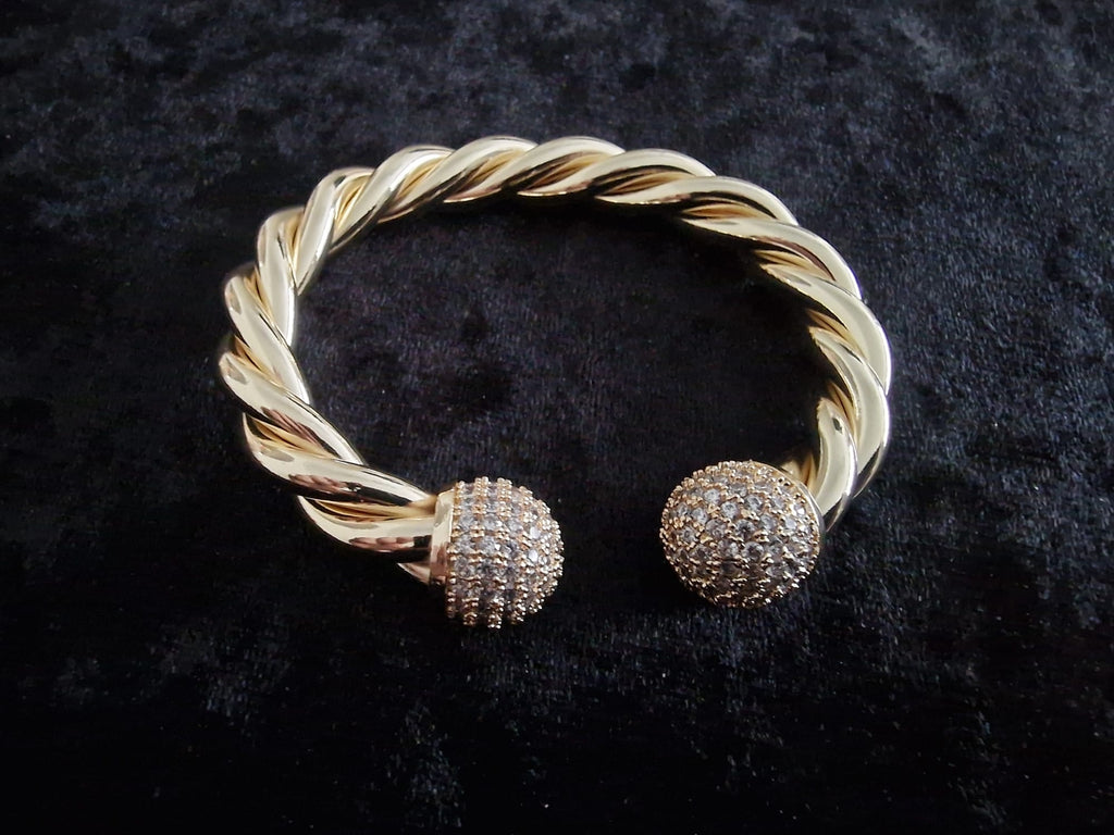 Gold Plated Twisted Torque Bangle – Iced Out Ball Ends (medium and heavy version)