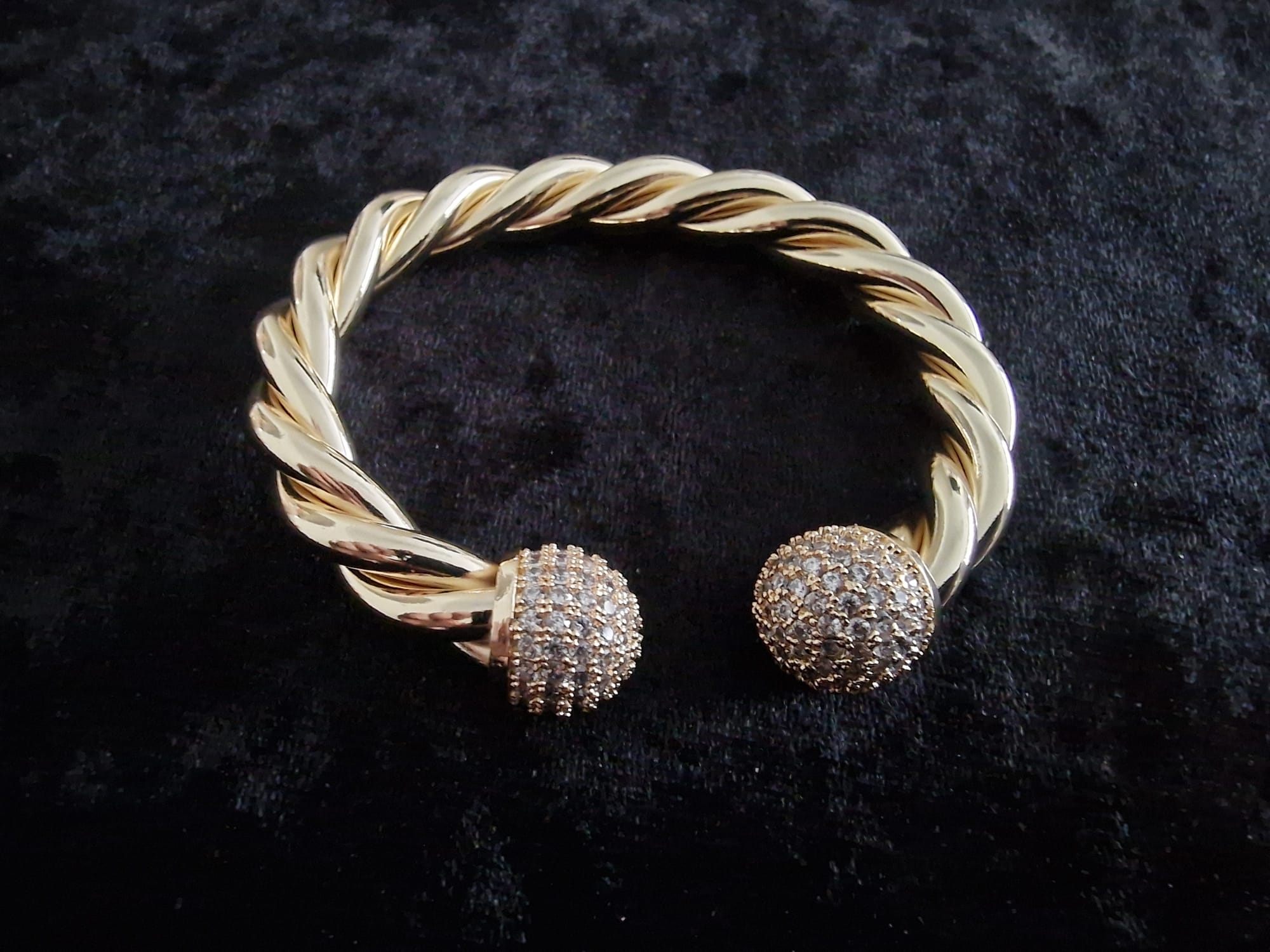 Gold Plated Twisted Torque Bangle – Iced Out Ball Ends (medium and heavy version)