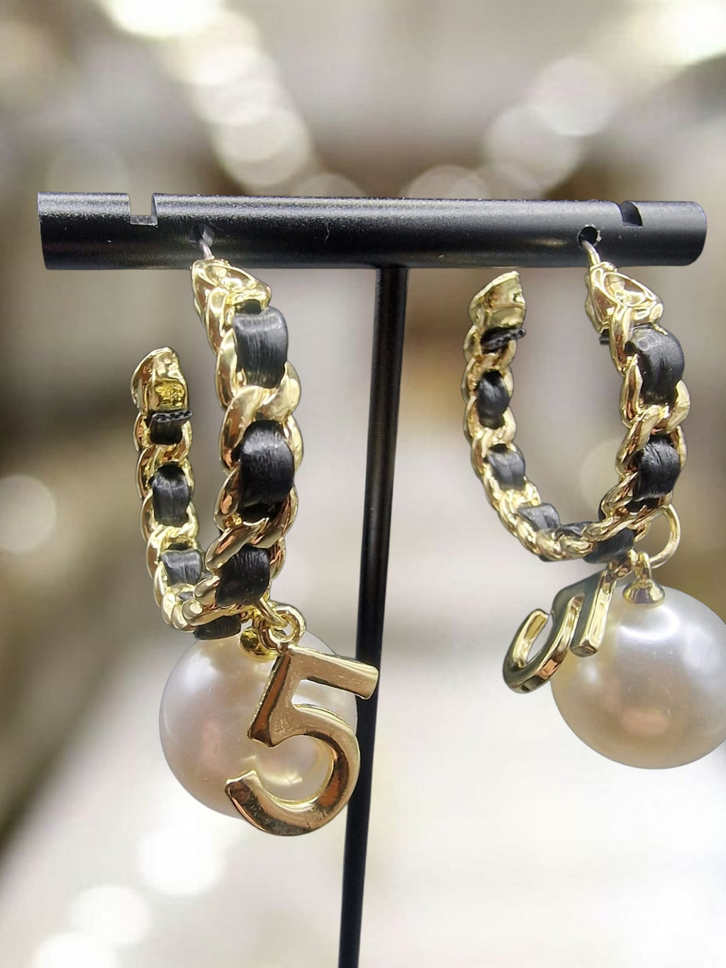 Vintage Number 5 Pearl Ribbon Hoop Earrings Fashion Bling Fashion