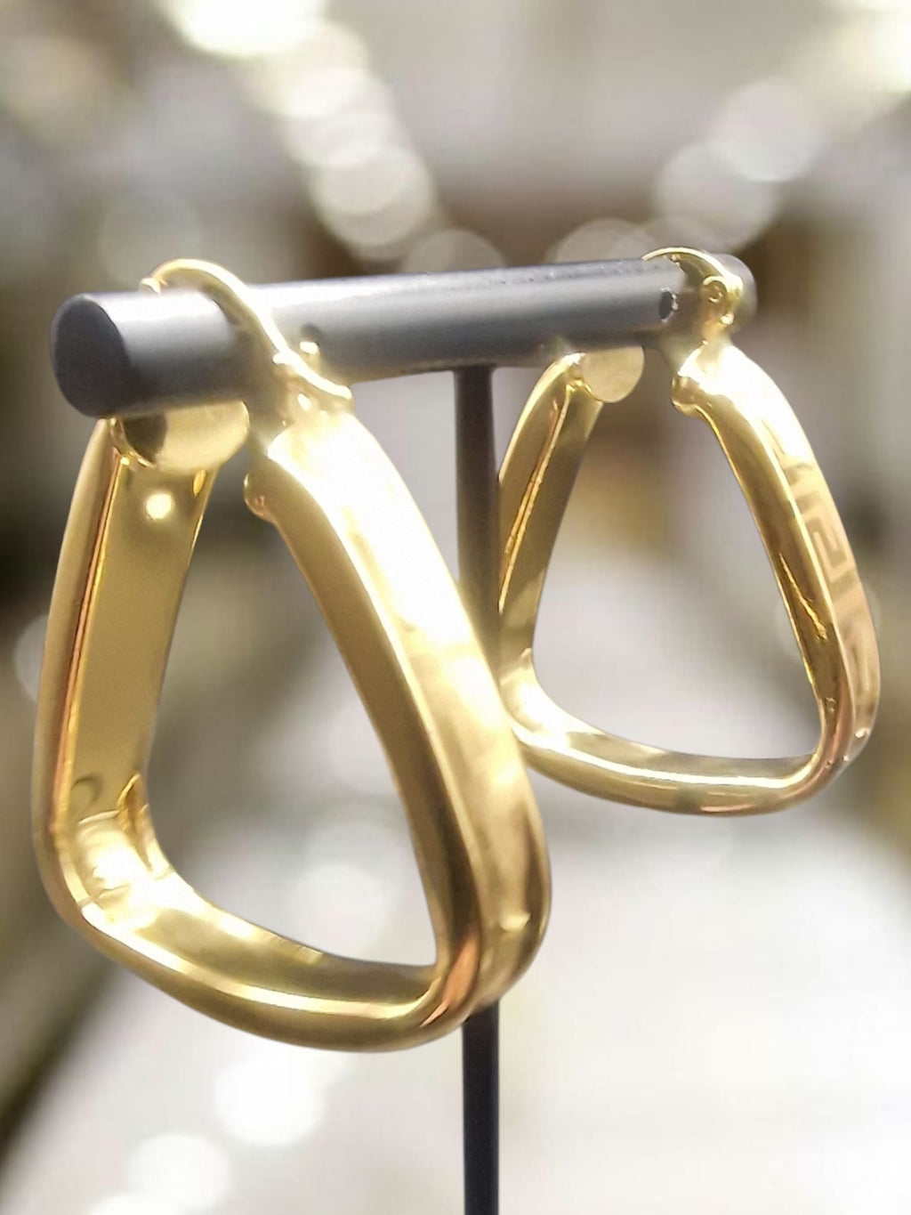 Gold Plated Triangular Hoop Medusa Patterned Earrings Bling Romany Dubai