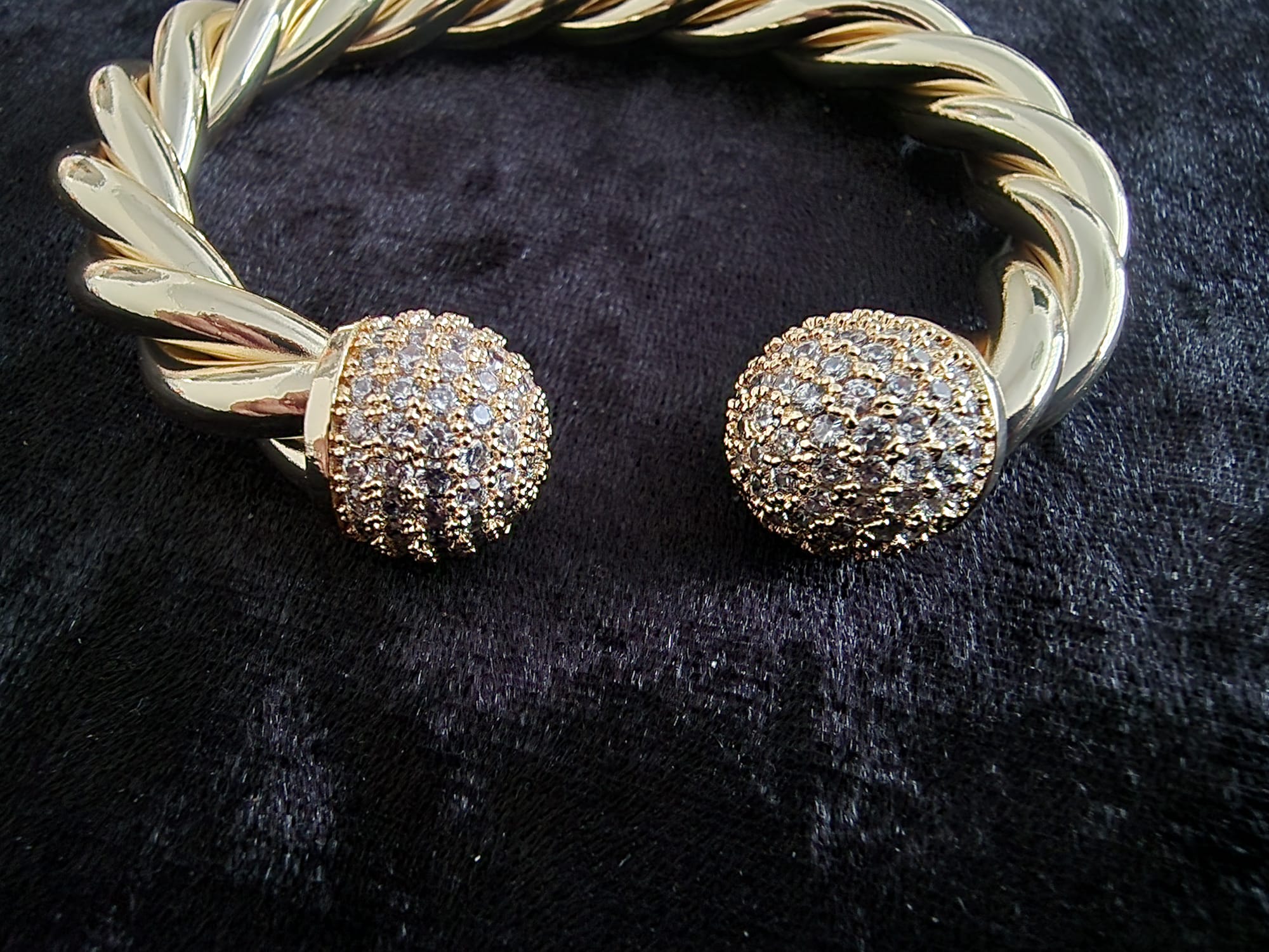 Gold Plated Twisted Torque Bangle – Iced Out Ball Ends (medium and heavy version)