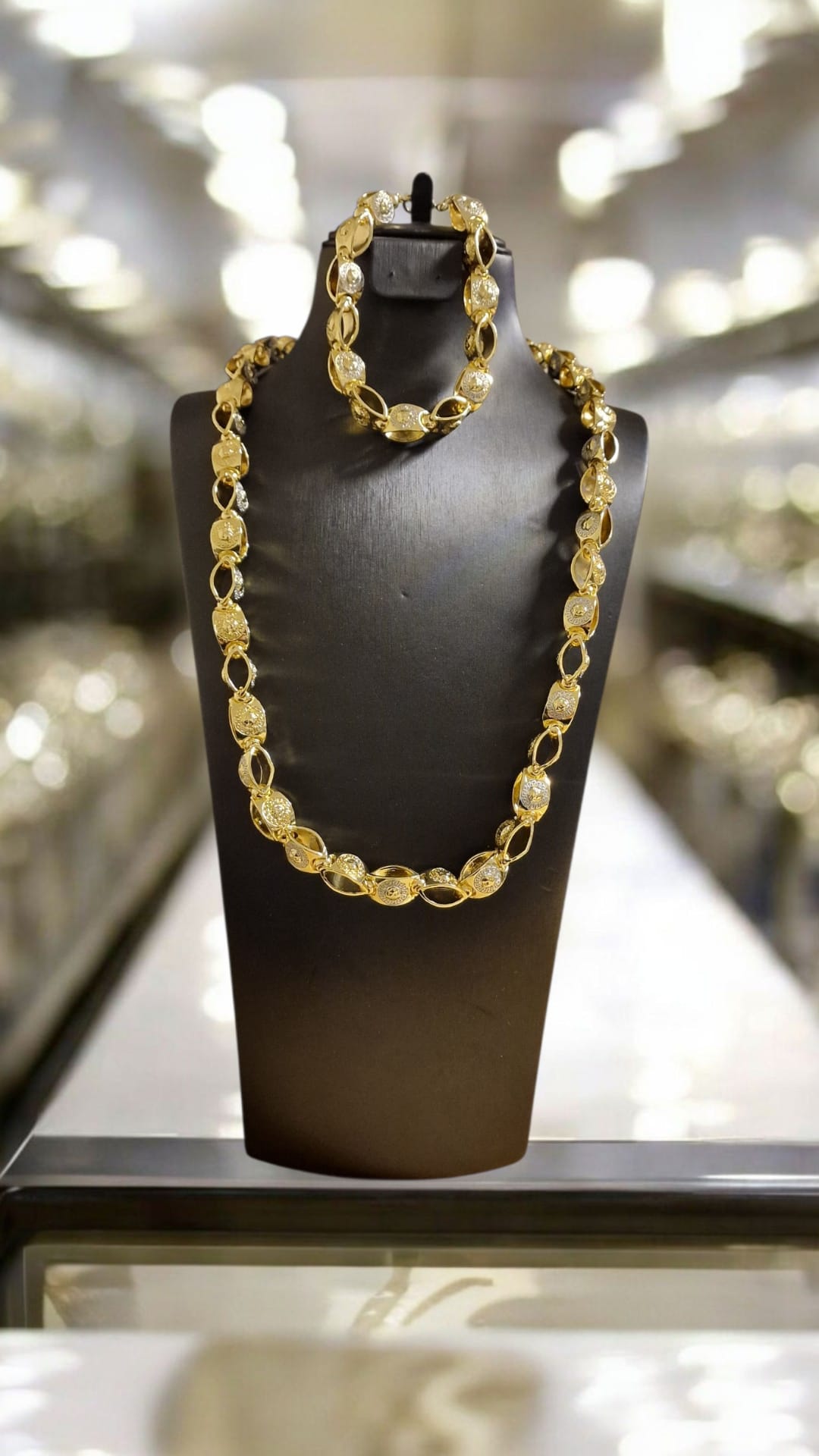 24" Gold Plated (silver inserts)  Medallion Medusa Link Chain & 8 3/4" Matching Bracelet