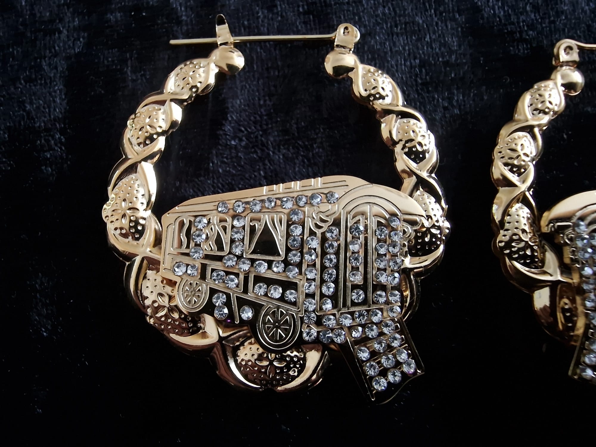 Gold Plated Gypsy Vardo Wagon Earrings – Stone Encrusted Statement Hoops