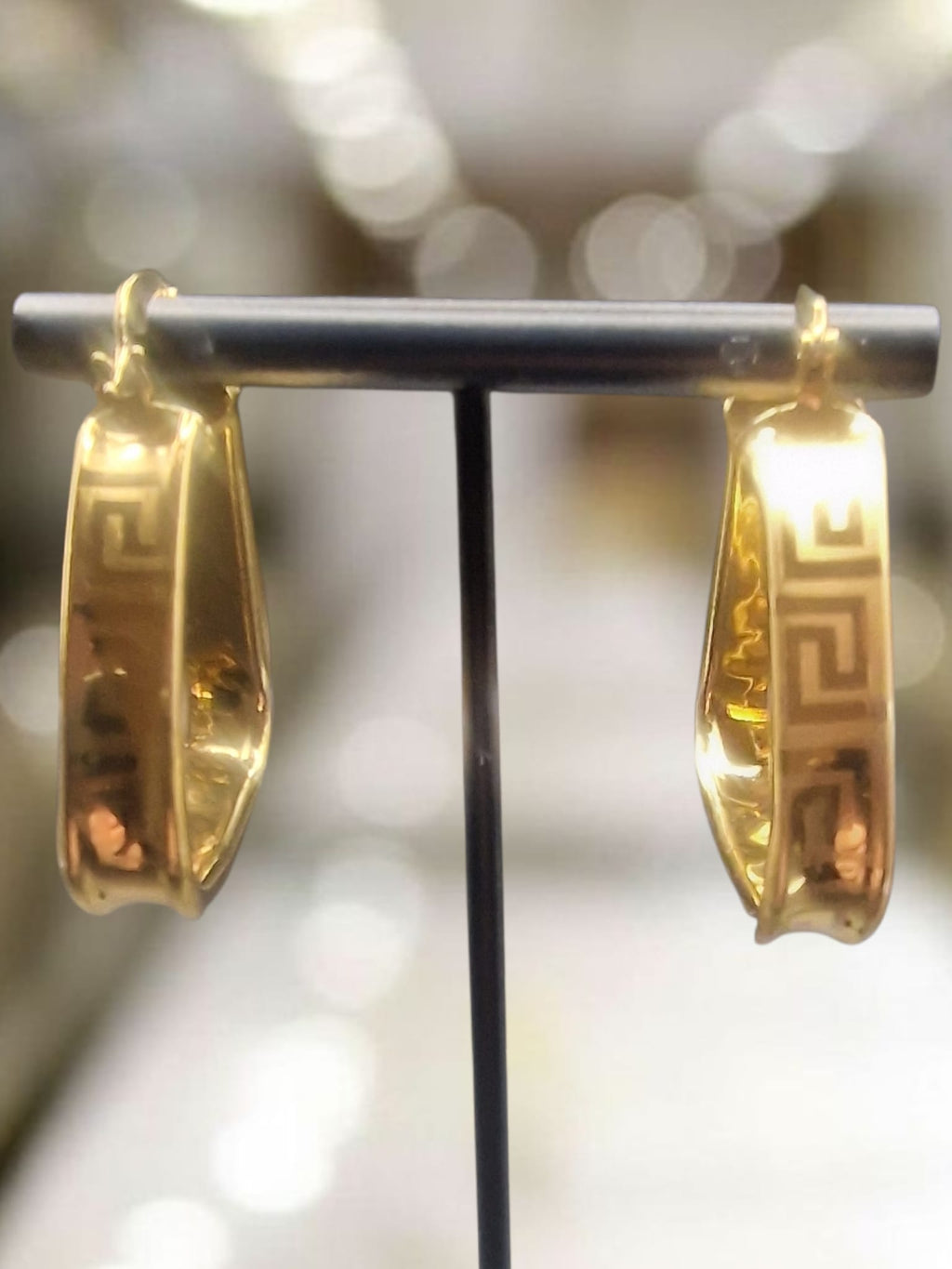 Gold Plated Triangular Hoop Medusa Patterned Earrings Bling Romany Dubai