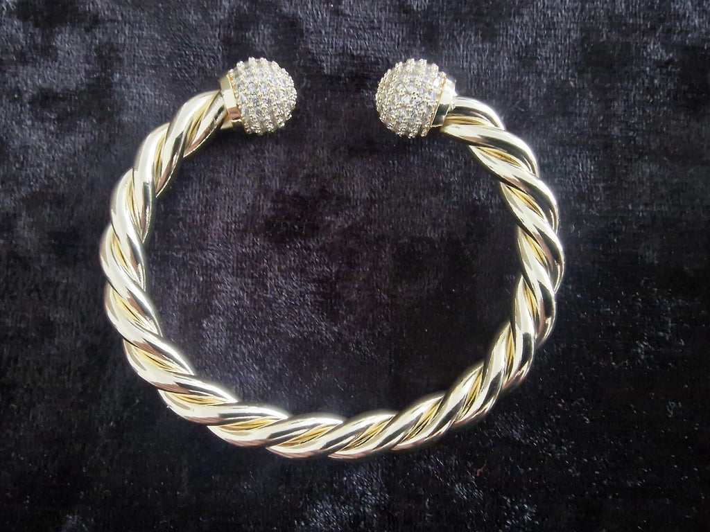 Gold Plated Twisted Torque Bangle – Iced Out Ball Ends (medium and heavy version)