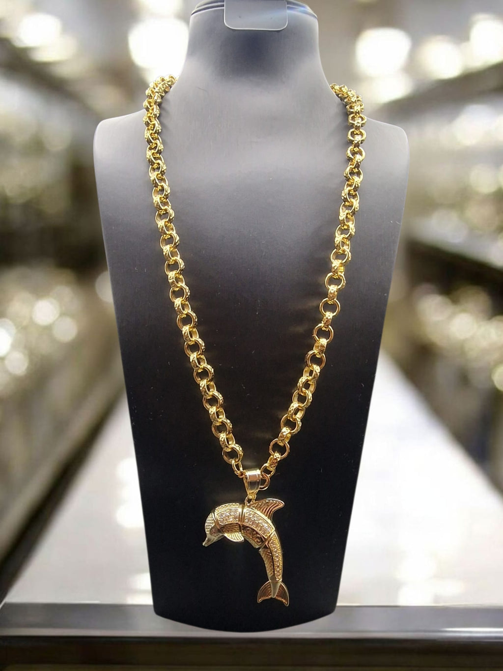 Gold Plated Belcher Chain & Large Dolphin Pendant