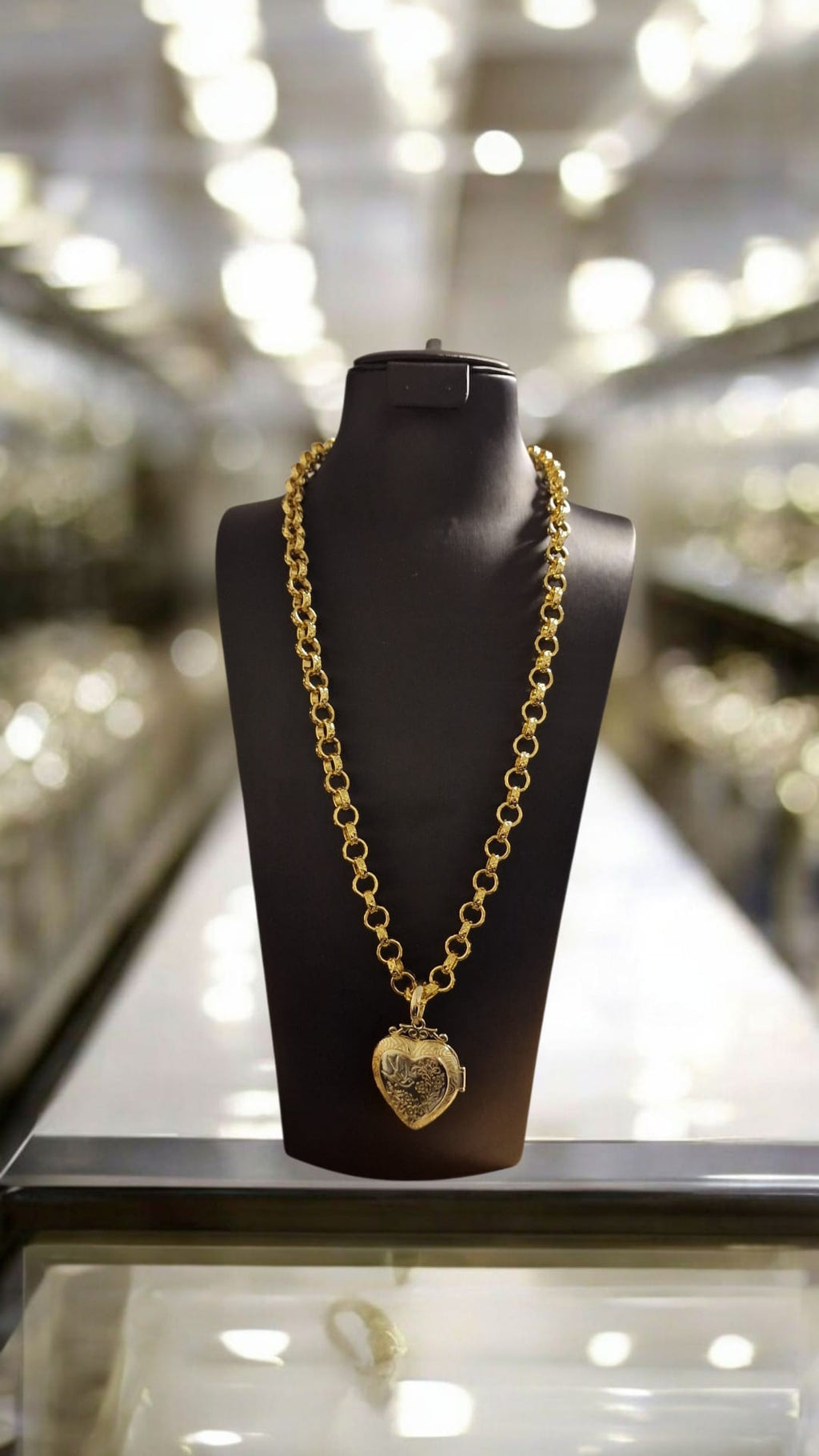 Gold Plated Heart Shape Locket Pendant & 24" (9mm) Belcher Chain