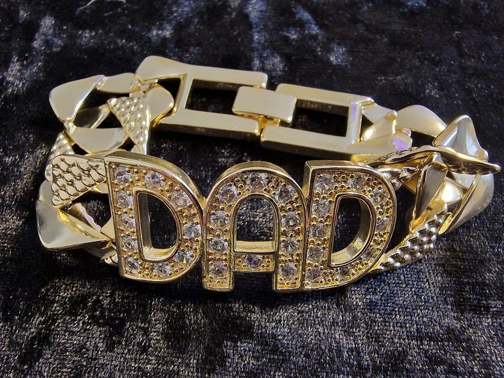 Gold Plated Dad Curb Cuban Bracelet (Dad Pendant Stones Encrusted)