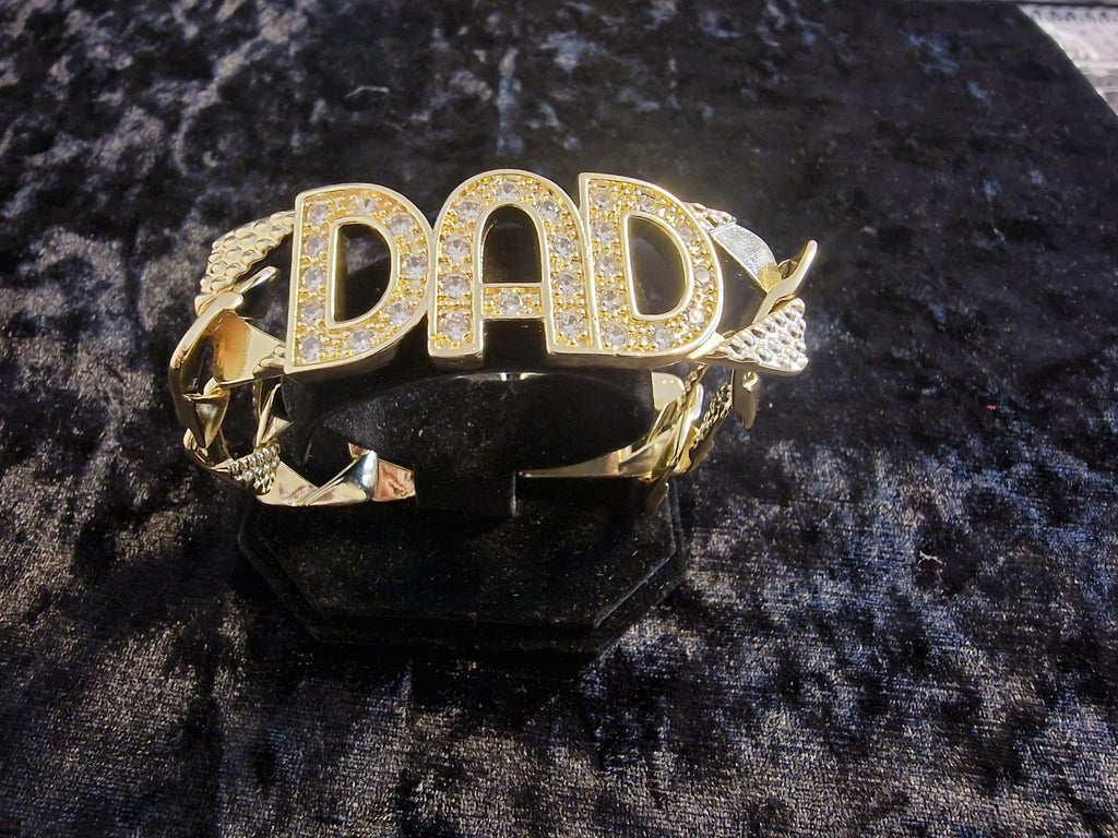 Gold Plated Dad Curb Cuban Bracelet (Dad Pendant Stones Encrusted)