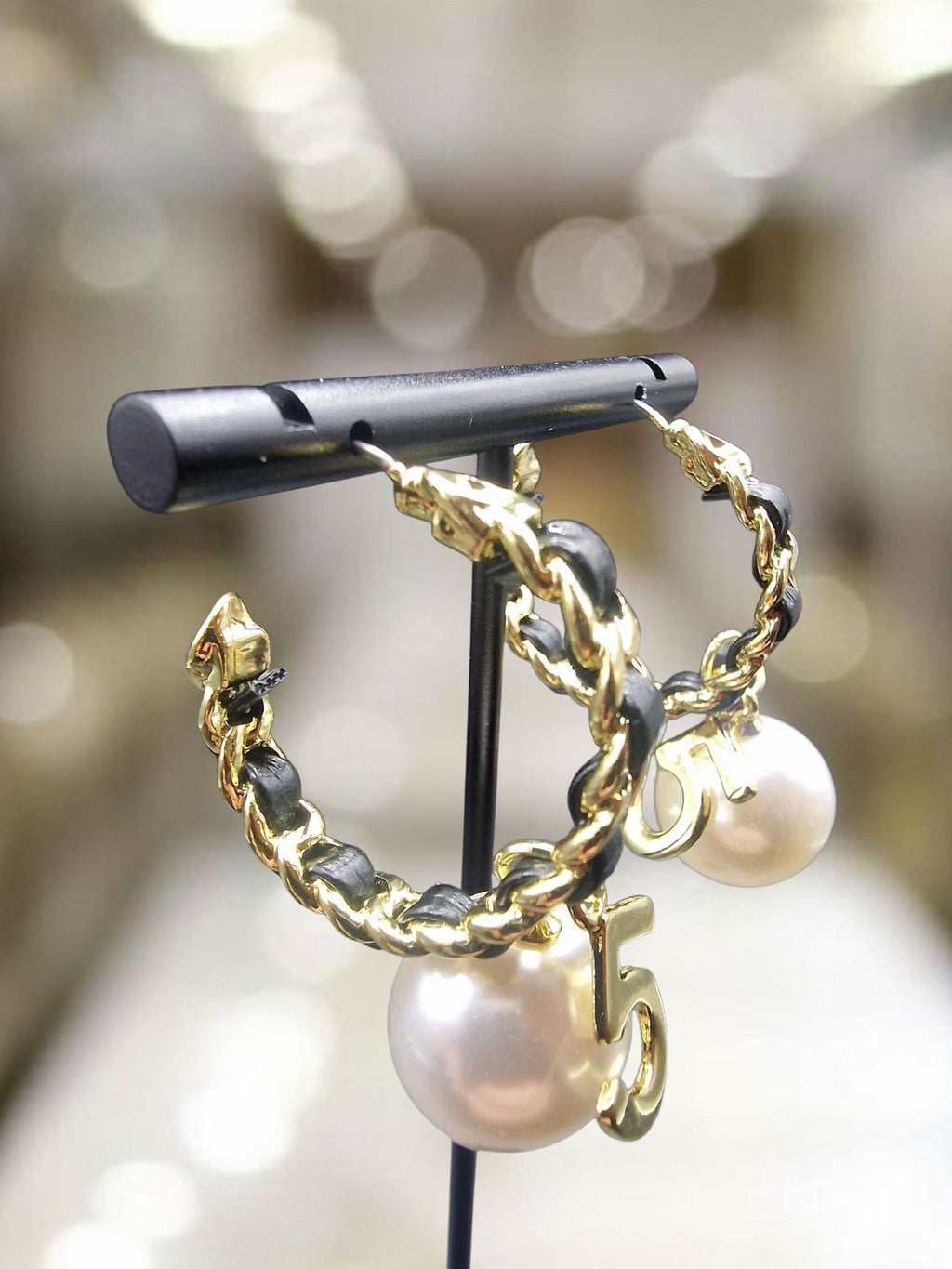 Vintage Number 5 Pearl Ribbon Hoop Earrings Fashion Bling Fashion