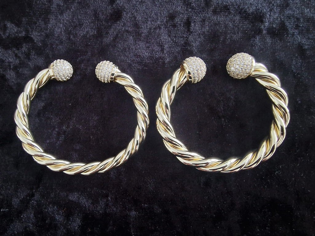 Gold Plated Twisted Torque Bangle – Iced Out Ball Ends (medium and heavy version)